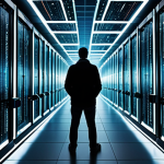 A powerful, abstract corporate data center or server farm, with immense data streams flowing towards a central, unseen entity, emphasizing control by corporations. A single, small, fully clothed individual stands observing from a distance, appearing somewhat overwhelmed and passive. The setting is a vast, technologically advanced, and slightly imposing digital landscape. Glowing data lines and geometric shapes converge, suggesting complex, opaque processes. The lighting is deep and somewhat mysterious, highlighting the scale of the operation and the limited visibility for the user. Professional photography, high resolution, cinematic lighting, corporate architecture, intricate data visualization, safe for work, appropriate content, fully clothed, modest clothing, perfect anatomy, correct proportions, natural pose, well-formed hands, proper finger count, natural body proportions, family-friendly.