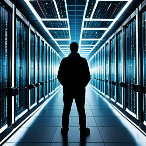 A powerful, abstract corporate data center or server farm, with immense data streams flowing towards a central, unseen entity, emphasizing control by corporations. A single, small, fully clothed individual stands observing from a distance, appearing somewhat overwhelmed and passive. The setting is a vast, technologically advanced, and slightly imposing digital landscape. Glowing data lines and geometric shapes converge, suggesting complex, opaque processes. The lighting is deep and somewhat mysterious, highlighting the scale of the operation and the limited visibility for the user. Professional photography, high resolution, cinematic lighting, corporate architecture, intricate data visualization, safe for work, appropriate content, fully clothed, modest clothing, perfect anatomy, correct proportions, natural pose, well-formed hands, proper finger count, natural body proportions, family-friendly.