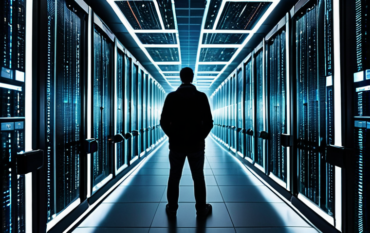 A powerful, abstract corporate data center or server farm, with immense data streams flowing towards a central, unseen entity, emphasizing control by corporations. A single, small, fully clothed individual stands observing from a distance, appearing somewhat overwhelmed and passive. The setting is a vast, technologically advanced, and slightly imposing digital landscape. Glowing data lines and geometric shapes converge, suggesting complex, opaque processes. The lighting is deep and somewhat mysterious, highlighting the scale of the operation and the limited visibility for the user. Professional photography, high resolution, cinematic lighting, corporate architecture, intricate data visualization, safe for work, appropriate content, fully clothed, modest clothing, perfect anatomy, correct proportions, natural pose, well-formed hands, proper finger count, natural body proportions, family-friendly.