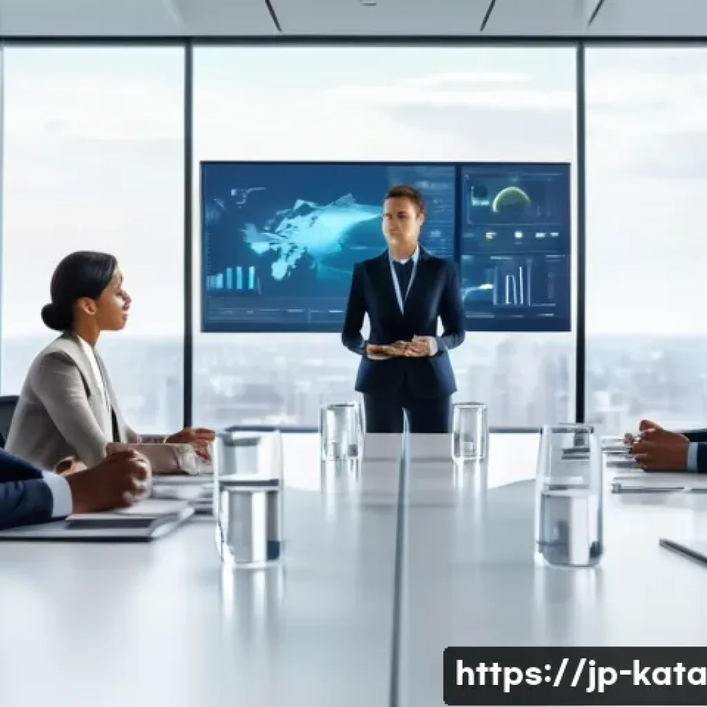 데이터 주권을 위한 기업의 전략적 접근 - A modern corporate office scene showing a diverse executive leadership team in a sleek boardroom, in...