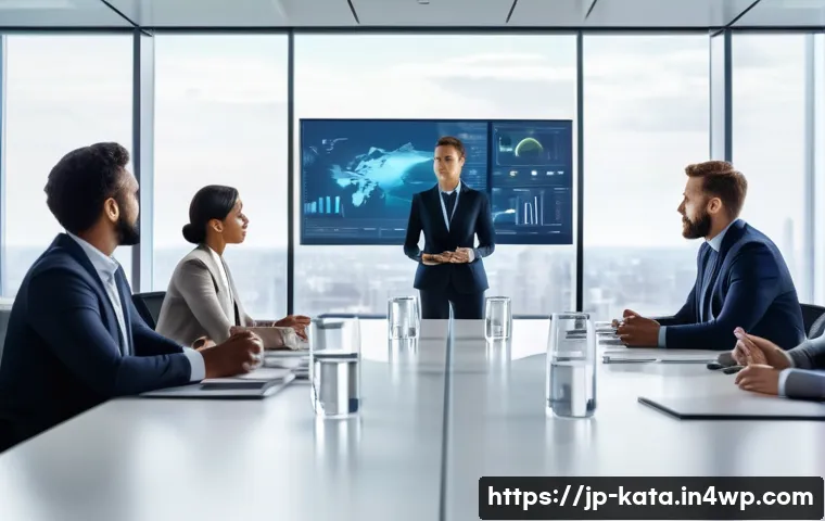 데이터 주권을 위한 기업의 전략적 접근 - A modern corporate office scene showing a diverse executive leadership team in a sleek boardroom, in...