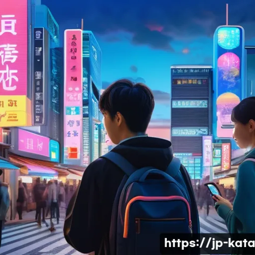 데이터 주권과 블록체인 기반 솔루션 - A modern Japanese cityscape at dusk, featuring digital holograms and neon signs displaying blockchai...