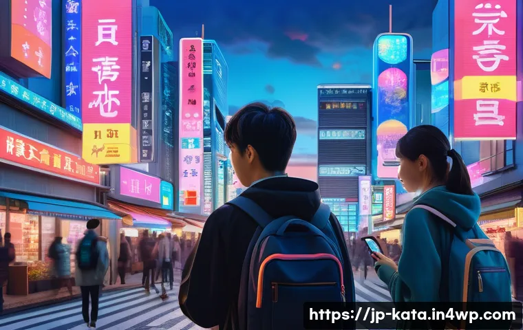 데이터 주권과 블록체인 기반 솔루션 - A modern Japanese cityscape at dusk, featuring digital holograms and neon signs displaying blockchai...