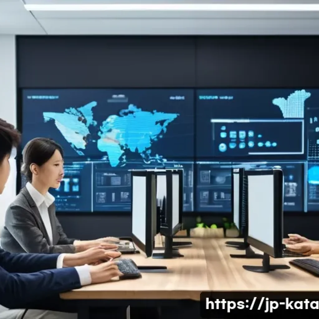 데이터 주권과 기술 발전 - A modern Japanese office scene showing a diverse team of professionals collaborating on data governa...