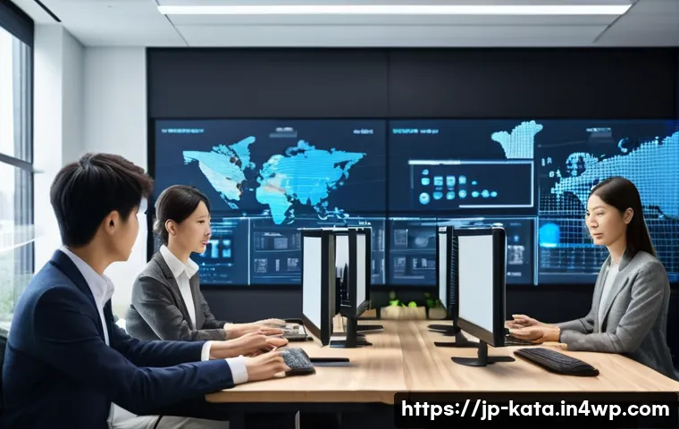 데이터 주권과 기술 발전 - A modern Japanese office scene showing a diverse team of professionals collaborating on data governa...