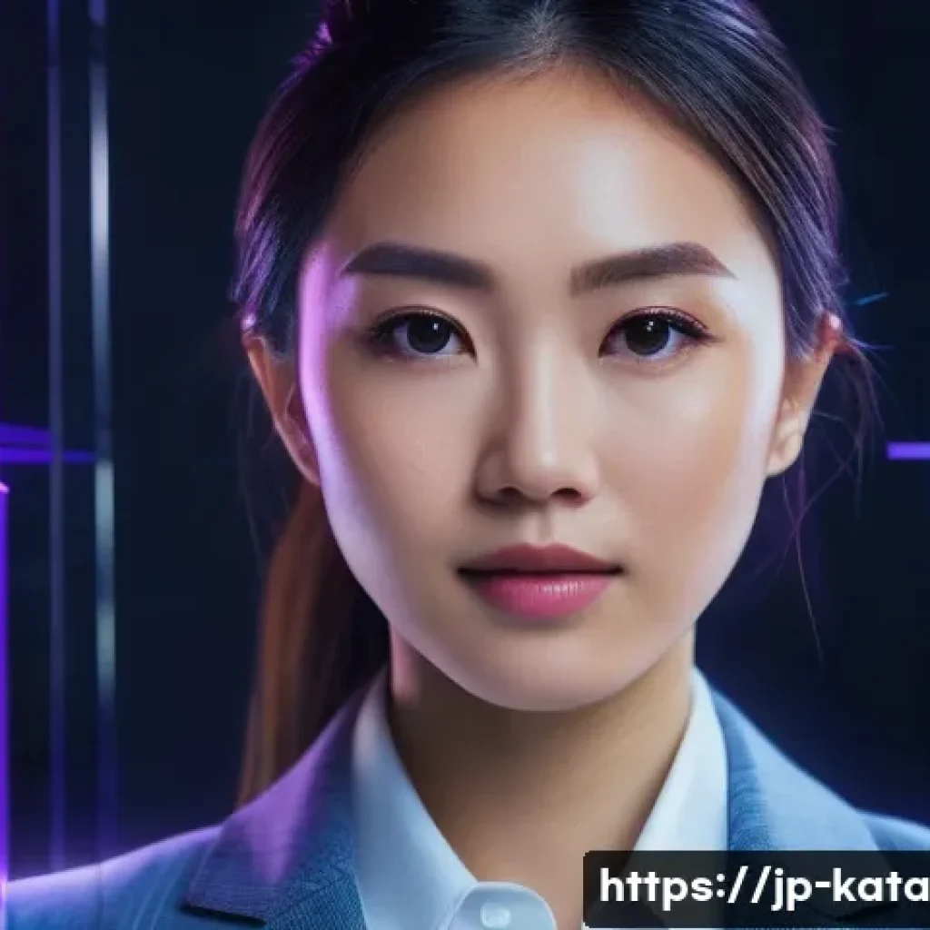 데이터 주권 이슈를 해결하기 위한 기술 - A futuristic digital portrait of a young Japanese professional woman confidently managing her decent...