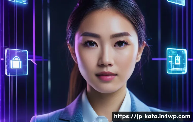 데이터 주권 이슈를 해결하기 위한 기술 - A futuristic digital portrait of a young Japanese professional woman confidently managing her decent...