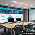 데이터 주권이 기업에 미치는 재무적 영향 - A modern Japanese office environment with diverse professionals collaborating around a sleek confere...