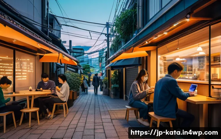데이터 주권과 사회적 책임 - A modern Japanese cityscape at dusk, with people using smartphones and laptops in a cozy caf&eacute; settin...