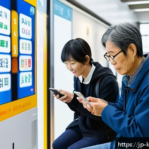 데이터 주권과 디지털 포용성 - A modern Japanese urban scene showcasing diverse people interacting with digital devices in public s...