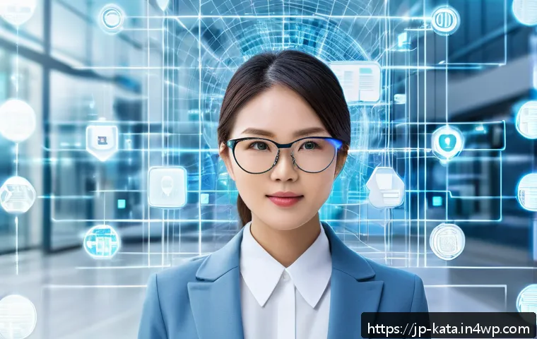 데이터 주권을 위한 혁신적 해결책 - A futuristic digital identity concept illustration featuring a Japanese young professional woman con...