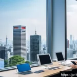 데이터 주권과 소비자 보호법 - A modern Japanese office scene with diverse professionals discussing data privacy and digital securi...